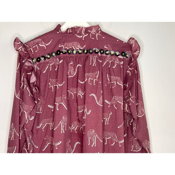 Sheridan French Embellished Aubergine Cheetah Ruffle Long Sleeve Blouse Medium - Picture 9 of 12